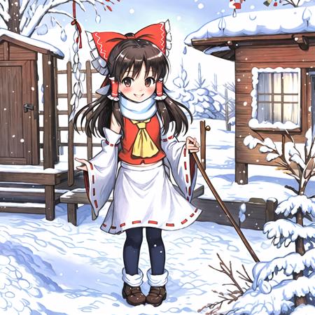 masterpiece, best quality, highly detailed, sut, full body, (1girl, solo, hakurei reimu:1.4), happy, smiling, (scarf), winter, snow, sunny day <lora:suteev_v1-000012:1>