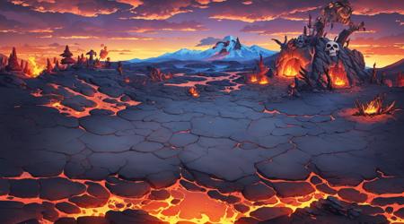 Concept art, horizontal scenes, horizontal line composition, molten rock, mountain, scenery, outdoors, fire, cloud, sky, no humans, rock, skeleton<lora:hengban:0.8>,