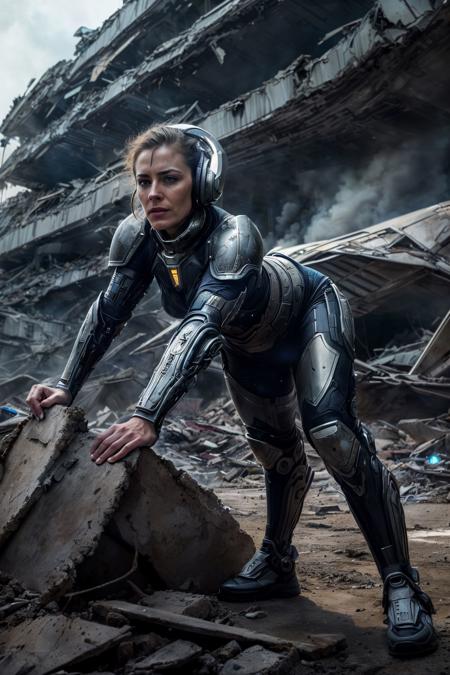 <lora:NeoFuturisticTech:0.5>((beautiful woman)) wearing a neotech armor, sleek, explosive pose, expressionism, movie still, hyper detailed, intricate design, insanely detailed, fine details, scifi, in a destroyed city, frontal illumination, <lora:add_detail:0.6>
