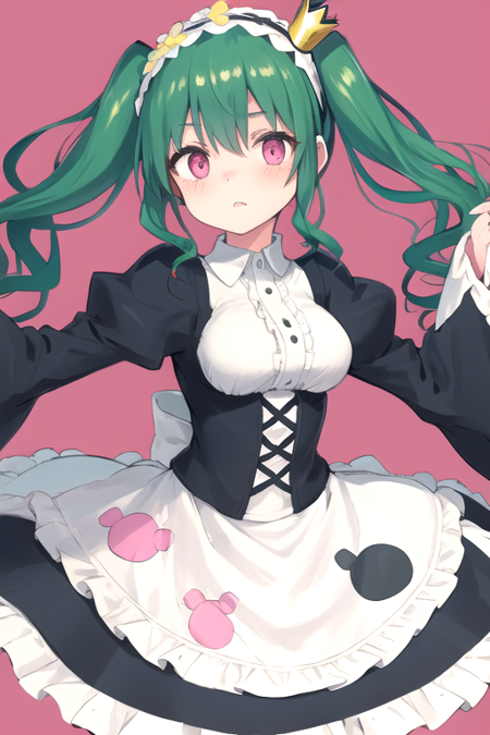 GinkoKuroi, 1girl, solo, long hair, skirt, white shirt, hair ornament, long sleeves, black dress, twintails, medium breasts, pink eyes, purple pantyhose, sidelocks, hairband, frills, green hair, puffy sleeves, collared shirt, hair flower, wide sleeves, waist apron, maid, maid headdress, mini crown, frilled sleeves, white apron, corset, underbust, 