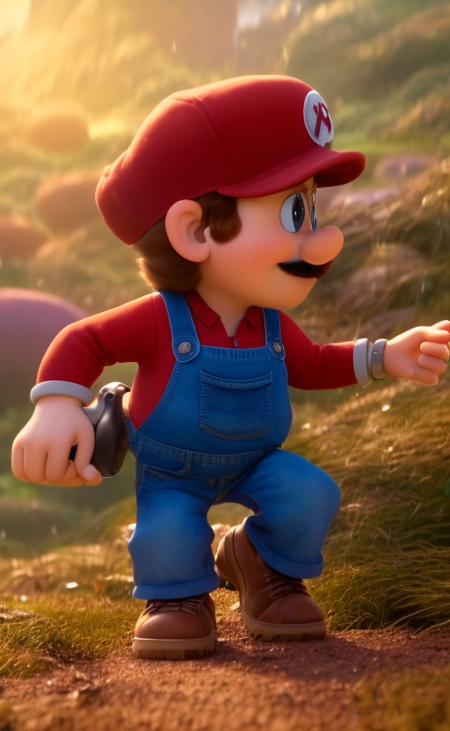 pixar style, mario bross, smile, smiling, excited, field, natural skin texture, big eyes, walking, looking to the side, looking at the ground
4k textures, hdr, intricate, highly detailed, sharp focus, cinematic look, hyper detailed, in mario bross clothing, sunset lighting