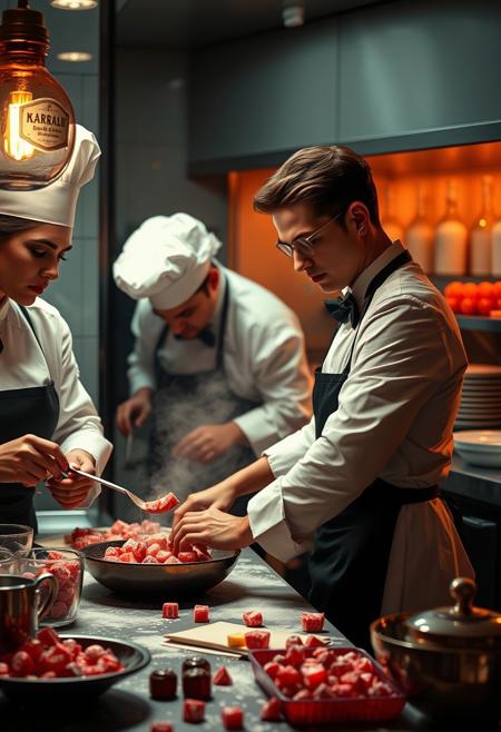 candy In a high-end fashion restaurant, the kitchen is a chaotic mix of elegance and crime. A group of skilled thieves, disguised as gourmet chefs, sneak around the kitchen, expertly cooking up batches of decadent candies. But these aren’t just any sweets—they’re laced with stolen secrets and forbidden ingredients from the richest patrons. As they mold the candies into perfect shapes, they whisper plans of future heists, all while the restaurant’s posh clientele remains blissfully unaware. The thieves’ fingers are stained with sugar and mischief, their culinary expertise a cover for their true, sweeter crime