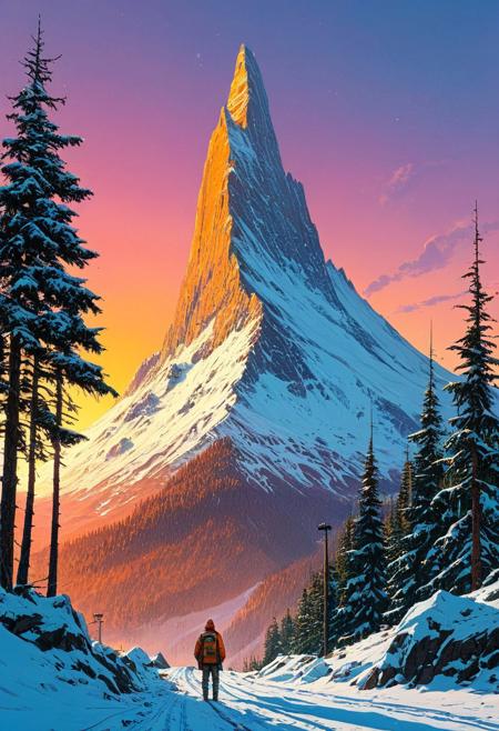 a tall snowy mountain peak, surrounded by thick forest, winter season, golden hour, sunset sky, extreme long shot, simon stalenhag, complementary colors, ((Highest quality:1.0),(High resolution:1.0), (masterpiece:1.0), (ground level view:0.6, viewer looking up:0.6), beautiful and aesthetic:1.3), extreme detailed, colorful, highest detailed,((ultra-detailed)),(highly detailed CG illustration),,.(anime,cyberpunk,Moebius (Jean Giraud) Style page)