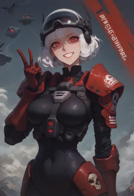 (score_9, score_8_up:1.1), score_7_up, helldivers 2, military, eagle-1 girl, pilot, future, future red armor, pilot's armor, helmet, pilot helmet, full face helmet, gesture(call me),masterpiece, highest quality, perfect quality, red eyes, skull logo on armor, evil smile,1girl, expressive, white hair, short hair, dialog box (konami code), dynamic, perfectly round breasts, cozy, starship background, medium breasts, slim waist, wide hips