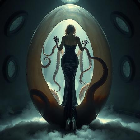 noble norvegian femme fatal lady  standing struggling with  tentacles holding her and pulling her inside  hole in giant transparent slime egg,  wearing evening GLOSSY THIN black slime live tentacles gown, GLOVES  and high heels, , surrounded by  weird fog from the floor, captured in light beam from celling,  alien breeding chamber,  , portholes to outer space,  ultrathin waisT, HORROR,  reminiscent of H.R. Giger, Zdzisław Beksinski, and Ash Thorp's dark, sleek styles, with close-up glamour photography, glossy satin and silver heels glistening, fleshy slime dripping, and dark shadows.view from behind.