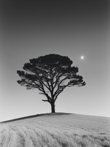 <lyco:RobertAdams:1.0> Black and white photograph of a solitary tree on a hill, with the moon rising in the background. minimalist style.