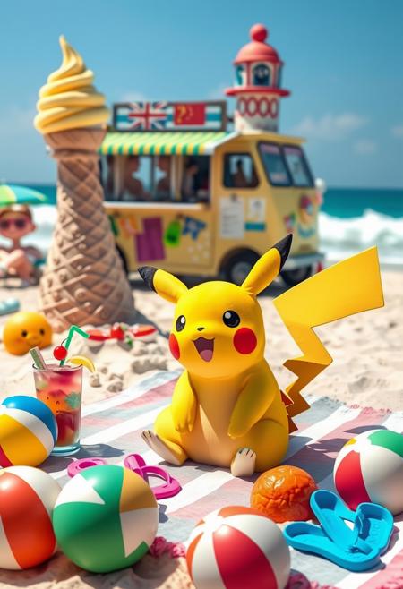 Pikachu sitting on a beach towel surrounded by colorful beach balls and flip-flops. Nearby, tropical drink and fruits. In the background, a lighthouse sand sculpture stands next to an ice cream truck with a giant cone, serving treats to cheerful beachgoers. The scene captures a fun, playful summer vibe with the sound of waves crashing nearby.