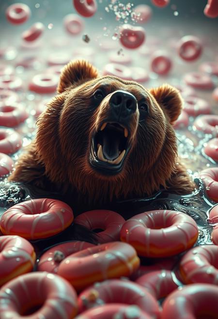 A happy euphoric grizzly bear swimming in a sea of sugar glazed doughnuts., cinematic, dynamic pose, atmospheric, vibrant colors, high contrast