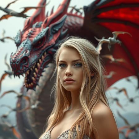 a beautifull woman is satanding in front of a dragon , the dragon is red and blue, super focus on female, many baby dragons are flying in the backround, superrealistic, the woman has blond long hair, no makeup