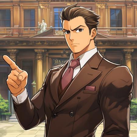 score_9, score_8_up, score_7_up, style of Ace Attorney, 1man, muscular, tall, broad shoulders, short smoothed brown hair, wearing a black double breasted suit, facing viewer, point to the distance, masterpiece, detailed,