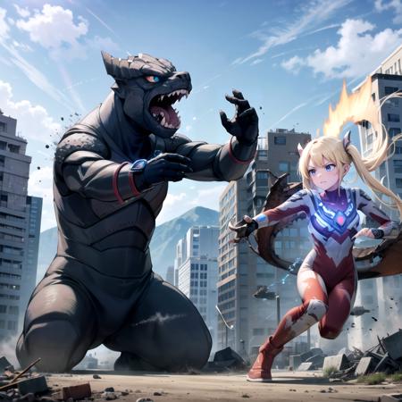 extremely detailed CG unreal engine 8k, best quality, 1girl, from side, beautiful detailed 1 girl, Ultragirl, ultraman bodysuit, full body, (angry face :1.2), damaged, soiled, twintail, fighting stance, Godzilla (attacking :1.2), dragon, monster, (battle, combat, fighting), looking at another, detailed (ruined buildings) behind, outside, ((dynamic), detailed fingers, detailed hands, detailed face), all intricate, (Rampage :1.0)
<lora:GTSv5:0.7>
<lora:Ultragirl-LoRA11:1>