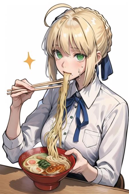 1girl, solo, short_hair, blonde_hair, simple_background, shirt, white_background, ribbon, holding, green_eyes, hair_ribbon, white_shirt, upper_body, braid, ahoge, food, sparkle, eating, blue_ribbon, drooling, bowl, chopsticks, food_on_face, (cup ramen), holding_chopsticks, artoria_pendragon_\(fate\), saber, (clutch_noodles)