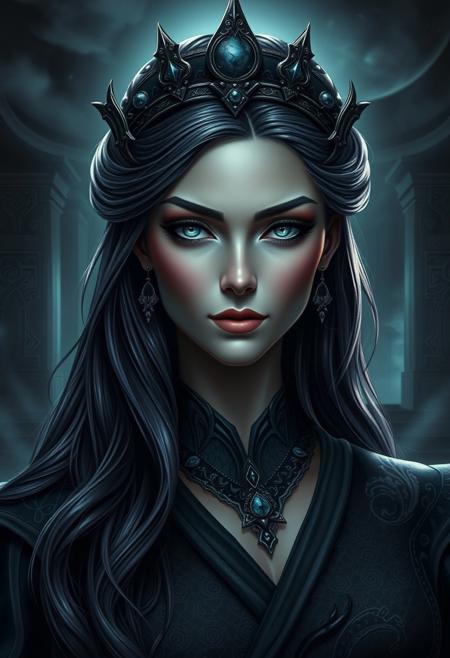 A dark goddess with a haughty yet exquisitely beautiful face, perfectly symmetrical features, piercing cold glowing eyes, delicate arched brows, and a slight arrogant smile. Her hair is long, flowing, dark with hints of purple or deep blue, adorned with an elegant yet ominous diadem. She wears luxurious dark robes with intricate patterns and celestial motifs. Background: a gloomy temple or a stormy night sky. Dramatic lighting highlights her figure. Style: dark fantasy, highly detailed, with elegant and beautiful facial features