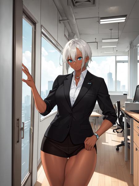 (Masterpiece, best quality), (highres, ultra-detailed), (absurdres, perfect anatomy), indoors, office, window, 1girl, solo, cowboy shot, sela, dark-skinned female, <lora:Sela23_V1-Manityro:1.0>, business casual, toned