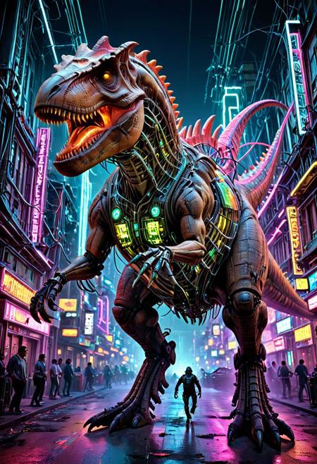 (masterpiece:1.2), best quality, ultra-detailed, (portrait of a colossal bio-mechanical T-Rex soaring through a neon-drenched cityscape at night:1.3), its body a complex lattice of glowing Transistors and shimmering chrome, (an intricate electronic robot rider with a sleek, polished obsidian-like chassis seamlessly integrated with the dinosaur's back:1.2), the robot's form defined by pulsating energy conduits and microscopic integrated circuits, volumetric lighting casting long, dramatic shadows, a sense of immense scale and power, cinematic, awe-inspiring, (glowing neon signs of the city reflecting off the metallic surfaces:1.1), high contrast, vibrant colors, aidmaImageUpgrader, zzTrex, therapod, T-Rex