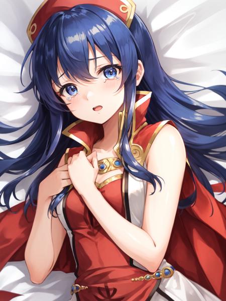 <lora:Lilina_FE-10:0.9>, lilina fe, 1girl, solo, looking at viewer, open mouth, hat, dress, upper body, lying, sleeveless, shiny, tears, cape, shiny hair