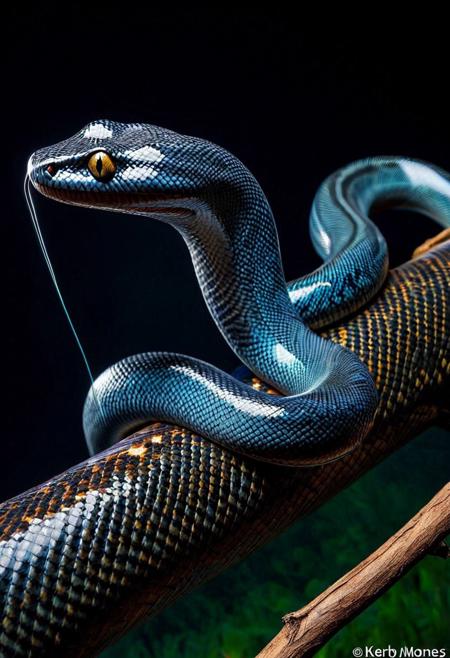 dark fantasy, unusual color, a snake (with a skin made of out carbone fiber ), on a branch, glow, limited dark color palette, vividly detailed, microscopically detailed, (professional photo but beautiful:1.3), hyper realistic and highly, (best quality:1.5), highres, dramatic light, by Steve McCurry, by Rembrandt, (by Kerby Rosanes:1.4),,, , aidmamj6.1,cf_style