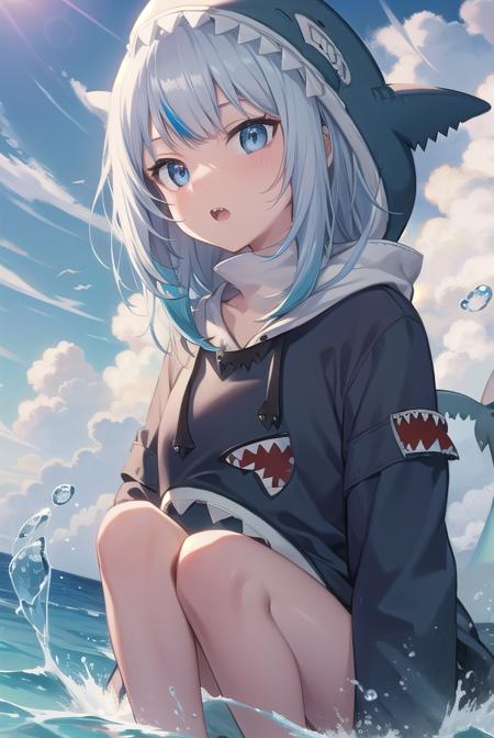 gura gawr, blue hair, grey hair, medium hair, multicolored hair, shark girl, sharp teeth, two side up, teeth, (animal hood:1.5), blue nails, fins, fish tail, hood, long sleeves, (shark hood:1.5), shark tail, tail,