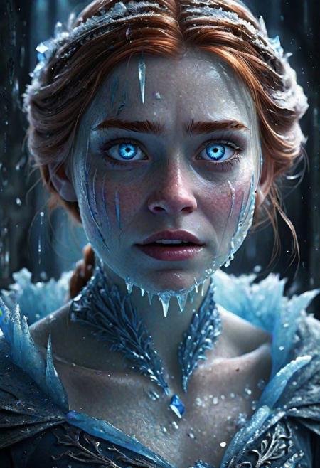 In a chilling twist on the beloved Disney character Anna, turns evil. She has glowing scary blue eyes. She uses her icy abilities to trap a victim in a frozen prison. Her once sparkling gown now hangs in tatters, dripping with shards of ice and emanating an ominous aura. The scene is depicted in a vivid and detailed oil painting, capturing every frozen detail with precision. The sinister Anna's skin is pale and frostbitten, her eyes gleaming with a malevolent glow that sends shivers down the viewer's spine. The composition exudes a haunting beauty, blending darkness with elegance in a truly enchanting manner.