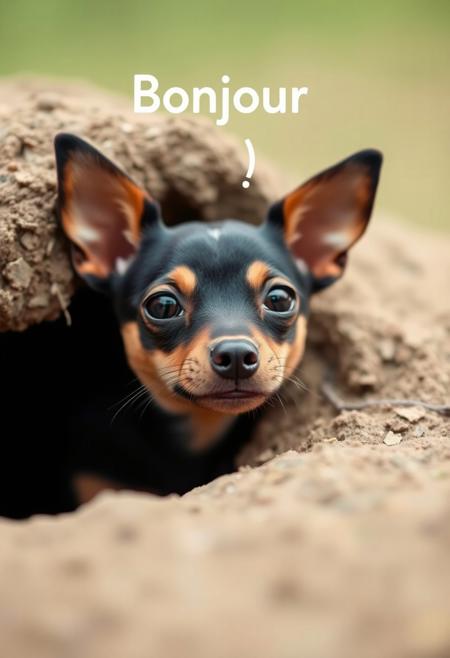 Miniature Pinscher in a burrow, Shy Miniature Pinscher. The miniature Pinscher is barely visible, only his head are partially out of the burrow, The dog is saying "Bonjour". Text: "Bonjour"