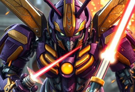 transformers generation 1, woman robot made of insect parts, scorn, with gorgeous detailed eyes in the style of precisionism, gaston bussiere, a picture, purple and gold, yellow orb in chest, insect eyes, wide focus, action pose, lasers, explosions, decepticon
