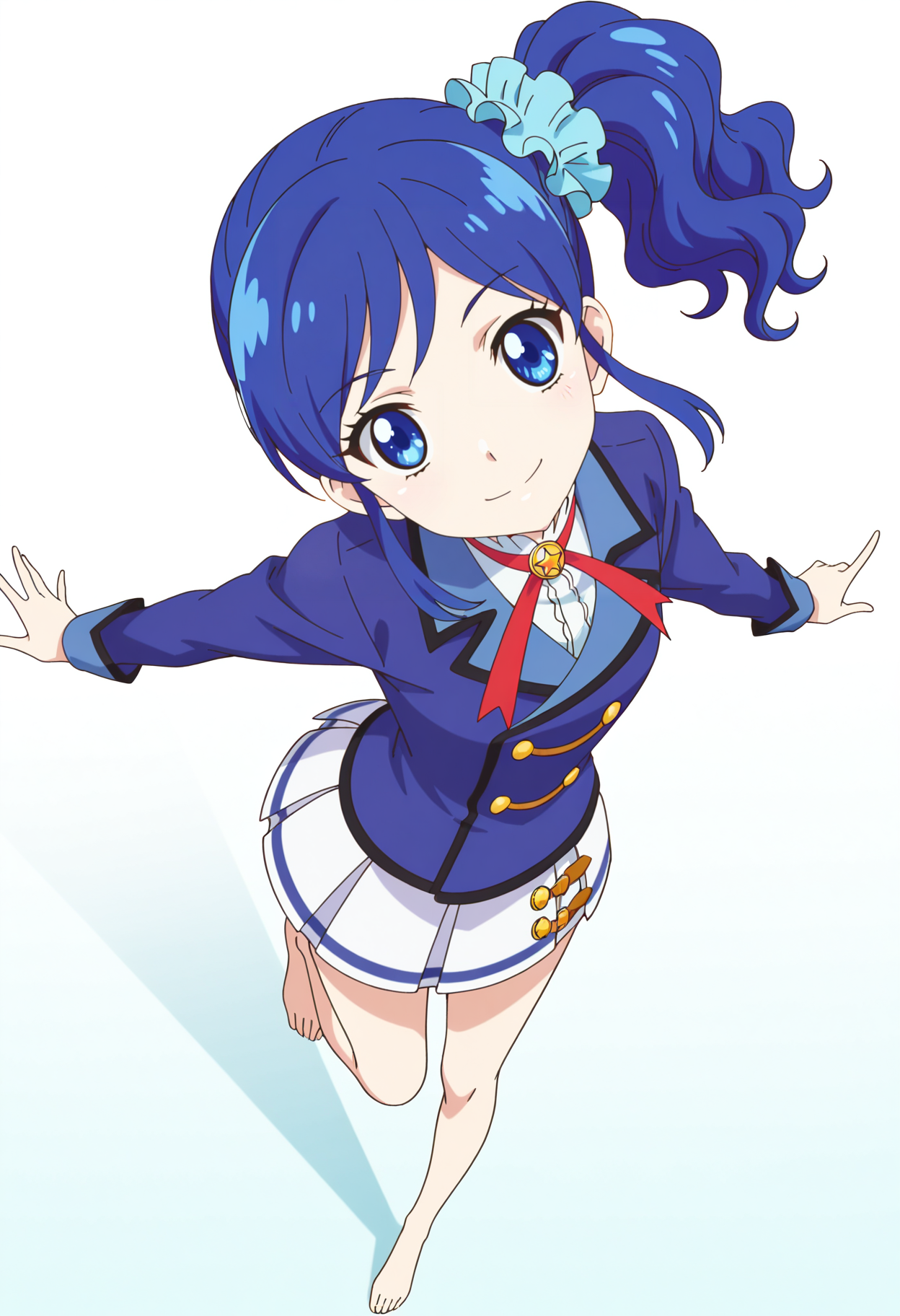 A high angle shot of a young woman with blue eyes, matching blue hair, and a gentle smile looking up toward the viewer. Her hair is styled in a high side-ponytail held by a light blue scrunchie. She is captured in a dynamic pose as if running forward, with her arms spread out to her sides for balance. She is wearing a school uniform consisting of a blue, double-breasted blazer with gold buttons and piping, a white ruffled blouse, a red ribbon with a gold star pin at the collar, and a white pleated skirt with a blue stripe and gold charms. 