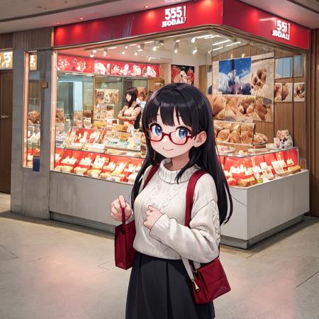 masterpiece, best quality, ultra-detailed, illustration,
1girl, glasses, black hair, long hair, sweater, long skirt, shy smile, happy, v, looking at viewer, upper body,
horai, scenery, storefront, japan, shop, scenery, food
 <lora:551_HORAI_SD15_V2:1>