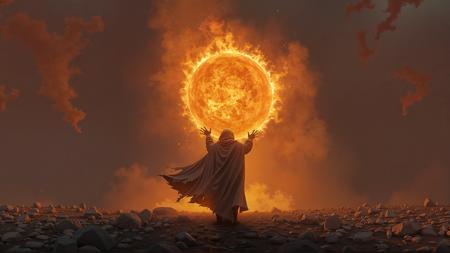 fantasy artwork depicting a dramatic, mystical scene. The central figure is a hooded, robed figure, a sorcerer , standing in a barren, rocky landscape. Many small rocks and stones on the ground. The figure is dressed in a flowing, rugged and damaged dark cloak billowing dramatically in the wind. The hood is drawn, obscuring  his head, adding to the mysterious atmosphere. Backview, we see the sorerer from the back. He is rising his hands up. A ball of fire in the middle, a fireball. Smoke everywhere and ashes falling from the sky. intricate details, 4k, highres, best quality, dramatic, cinematic, epic, concept art, digital art, realistic, professional masterpiece, dynamic. No fire on the ground. Casting a symmetric shadow in the middle. Shadows.