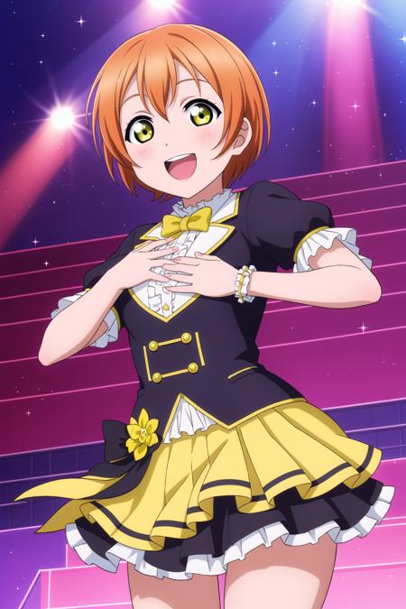 (masterpiece, best quality), 1girl,
<lora:Rin_Hoshizora_Mistoon_Dim256_Alpha256_Locon:0.6>, rin hoshizora, yellow eyes, orange hair,
happy, hand on own chest, from below,
idol, stage, spotlight, frills, sparkle,