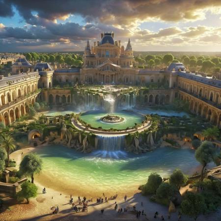8k most beautiful fantasy landscape ever generated on civitai, contest award winning best photo ever made on earth, stunning effects, global illumination, center of Paris Louvre inside interior with lots of vegetation, waterfalls, sand, rocks, mist, clouds, wow this landscape is so beautiful this is insane !