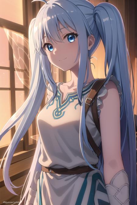 lafanpan, long hair, blue eyes, twintails, blue hair, dress, wings, bandages, sandals, fairy wings, fairy,