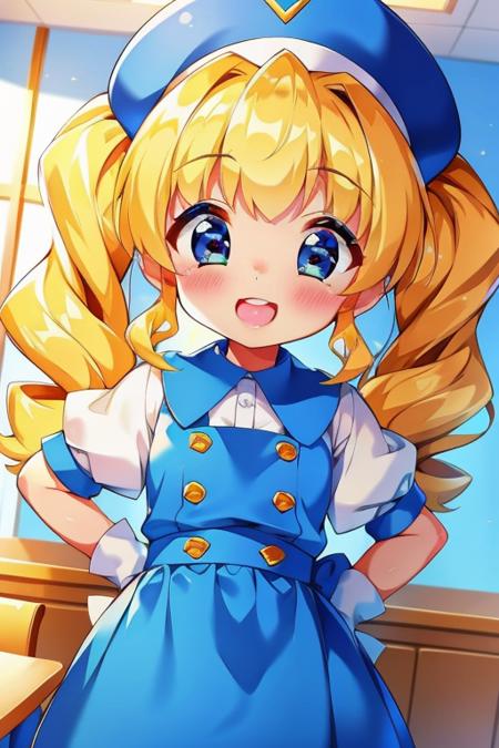 konpeto, long hair, blonde hair, blue eyes, twin tails, smock, kindergarten uniform, masterpiece, best quality