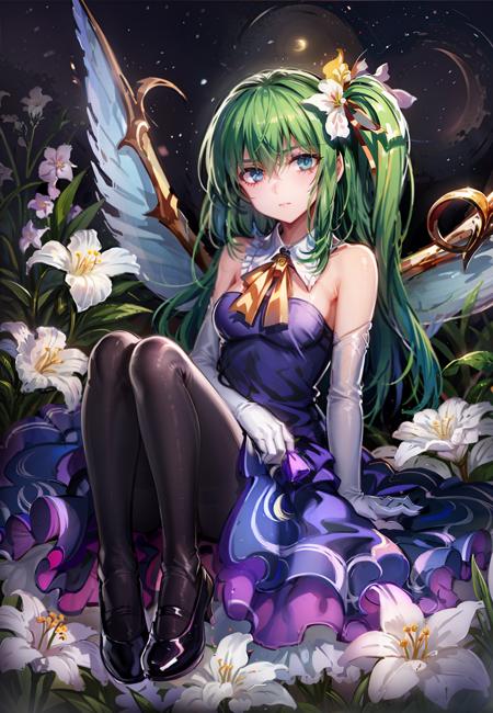 masterpiece, best quality,  <lora:daiyousei:1>, <lora:lq:0.8>,1girl, daiyousei, solo, wings, green hair, dress, gloves, fairy wings, side ponytail, elbow gloves, flower, bow, white gloves, bare shoulders, blue dress, strapless, pantyhose, sitting, strapless dress, lily (flower), looking at viewer, black background, v arms, long hair, green eyes, breasts, alternate costume, hair between eyes, white pantyhose, simple background, crescent moon, blue eyes, moon, petticoat, crescent, hair ribbon, full body, bowtie, ribbon