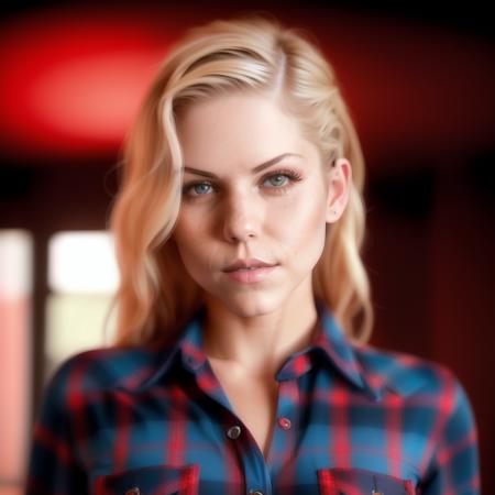 ivetab (Masterpiece Photo:) of (Happy) woman  wearing checkered red and black shirt and blue jeans staring at the viewer, (checkered red and black shirt), (blue jeans),Highly Detailed,(close portrait:1.3),(Feminine:1.4),(beautiful:1.4),(attractive:1.3),calendar pose,perfectly detailed eyes,studio lighting,thematic background