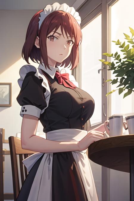 best quality, masterpiece, highres, solo, {maid:1.40}, {long maid dress:1.15}, {sengoku_chihiro_sakurasounopetnakanojo:1.15}, short_hair, red_hair, brown_hair, brown_eyes, red_eyes