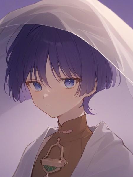 1boy, hat,black_shirt,  jingasa, short_hair, purple_eyes, shirt,  blue_headwear, smile, bangs, hand_on_headwear, sleeveless_shirt, mandarin_collar, sleeveless, purple_hair,short_sleeves, open_vest, open_clothes, hair_between_eyes, gold, official_alternate_costume, vest, adjusting_clothes, blue_vest, collarbone, necklace, jewelry, bridal_gauntlets