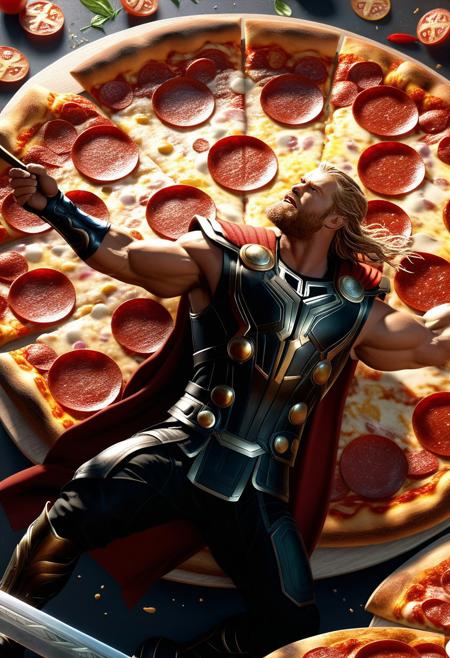 Thor ate a very large pizza at the pizzeria, Hyperrealistic, splash art, concept art, mid shot, intricately detailed, color depth, dramatic, 2/3 face angle, side light, colorful background, Epic 3D Videogame Graphics, Intricately Detailed, 8K Resolution, Dynamic Lighting, Unreal Engine 5, CryEngine, Trending on ArtStation, HDR, 3D Masterpiece, Unity Render, Perfect Composition, Detailed