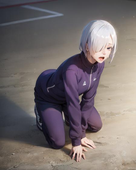 (masterpiece, best quality:1.2), <lora:sxf_frost_v11-20:0.7>, solo, 1girl, fiona frost, (crying, tears:1.1), open mouth, short white hair, hair over one eye, purple eyes, grey track suit, parking lot