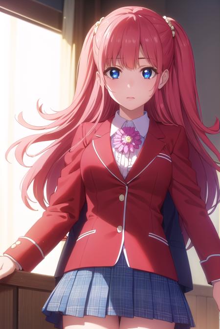 yumemiyumemite, <lora:yumemi yumemite s2-lora-nochekaiser:1>,
yumemi yumemite, long hair, blue eyes, very long hair, pink hair, two side up,
BREAK skirt, shirt, school uniform, jacket, white shirt, pleated skirt, collared shirt, black skirt, blazer, (red jacket:1.5),
BREAK indoors, classroom,
BREAK looking at viewer, (cowboy shot:1.5),
BREAK <lyco:GoodHands-beta2:1>, (masterpiece:1.2), best quality, high resolution, unity 8k wallpaper, (illustration:0.8), (beautiful detailed eyes:1.6), extremely detailed face, perfect lighting, extremely detailed CG, (perfect hands, perfect anatomy),