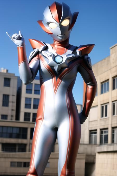 Best quality, masterpiece,
1girl, <lora:Grigio:0.7>, Grigio, ultraman, bodysuit, helmet, solo,
a giant in city, blue sky background,