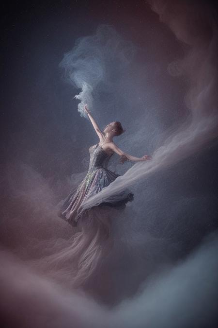 surreal, waltz of fractal smoke over the abyss, fantasy smoke, dresses and stars, dynamics, movement, wind, colorful, intricate details, perspective, hyper-detailed, hyper-realism, professional photoshoot