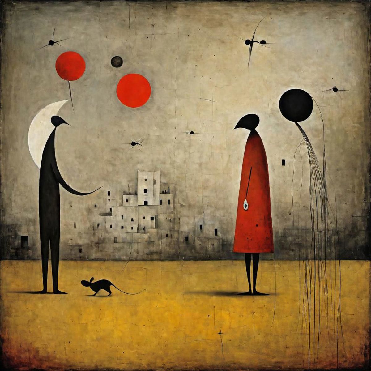 Artwork of a man and woman in a desert with a cat and a mouse.