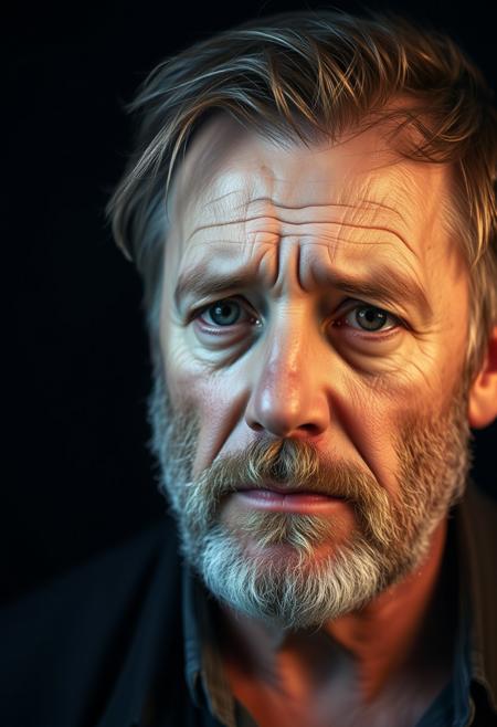 Emotional portrait photograph of a middle aged European man saddened by the realization of a wasted life. He looks disheveled with unkempt hair and beard stubble. He does not manage to control his despair and tear roll on his face.
The portrait is lit like a Rembrandt masterpiece with a pitch black backdrop.
He says is a caption: "too old and too ugly for only fans. I waste my life on AI waifu. I need help."