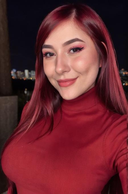 Photo of beautiful d14n4z4mbr0zu5k1 woman smile, detailed face, red turtleneck blouse, makeup, in an event at night