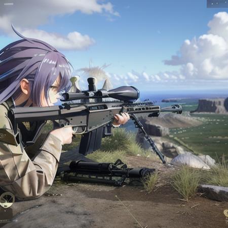 weapon, gun, holding weapon, camouflage,sniper rifle, outdoors, holding, holding sniper, twintails, rainbow hair,bag, long sleeves, tree, blue eyes, scope, bangs, jacket, blush,  grass, trigger discipline,masterpiece, sharp, ultra detailed, 8k,(high detailed skin:1.2),(high detailed face:1.2) , 50mm,  <lora:sniper50mm-000002:1>