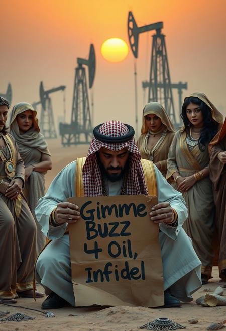 “A wealthy sheikh in luxurious traditional attire, kneeling in desperation, surrounded by his lavish harem. In his hands, he holds a crumpled, rotten cardboard sign reading ‘Gimme Buzz 4 Oil, Infidel.’ The harem members are adorned with ornate jewelry and flowing fabrics, exuding an air of indifference. The backdrop showcases towering oil pumping stations under a hazy desert sunset, with oil derricks actively extracting crude oil. The scene is infused with irony, blending wealth, power, and absurdity into a satirical narrative. Ultra-detailed, cinematic lighting, vibrant textures, and realistic shading.”