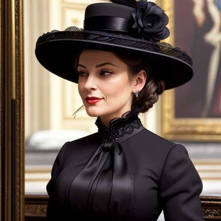 masterpiece, uhd, sharp color  photo of a beautiful woman wearing a high-neck layered black dress, with a hat on, flirting with men at a Parisian cafe  1880_dr3ss <lora:1880_dress_v1:1>