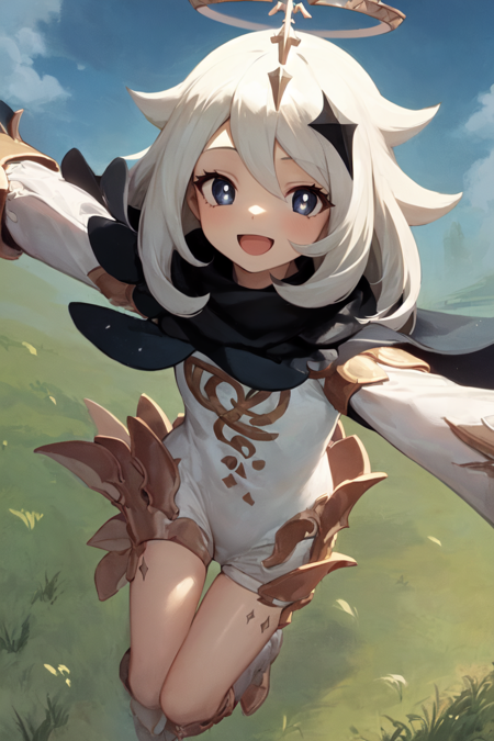 1girl, solo,  floating, paimon \(genshin impact\), cape, medium hair, white hair, halo, scarf, white dress, long sleeves, boots, blue eyes, smile, open mouth, outdoors, blue sky, grass  <lora:char-paimon-locon:1>