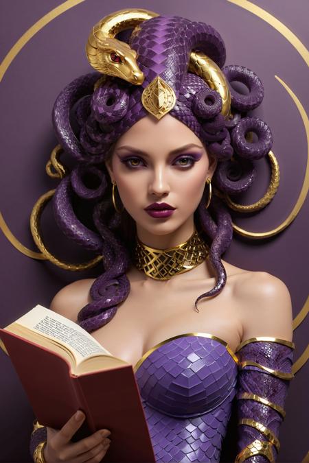 RTX, fairy tale, Cobra, Medusa, it is Reading, Exotic, geometric patterns, matte, Burgundy and Lavender flakes, artstation, Golden ratio
