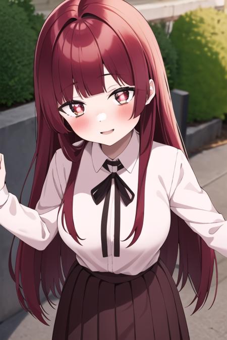 ((masterpiece, best quality)),1girl,standing,smile,large breasts,((adult,20year old girl)), outdoors,bangs, yaeka sakuragi, blush, collared_shirt,  long_hair, long_sleeves, looking_at_viewer,  pleated_skirt, ,neck_ribbon, red_hair,white shirt,<lora:yaekamix:0.9>